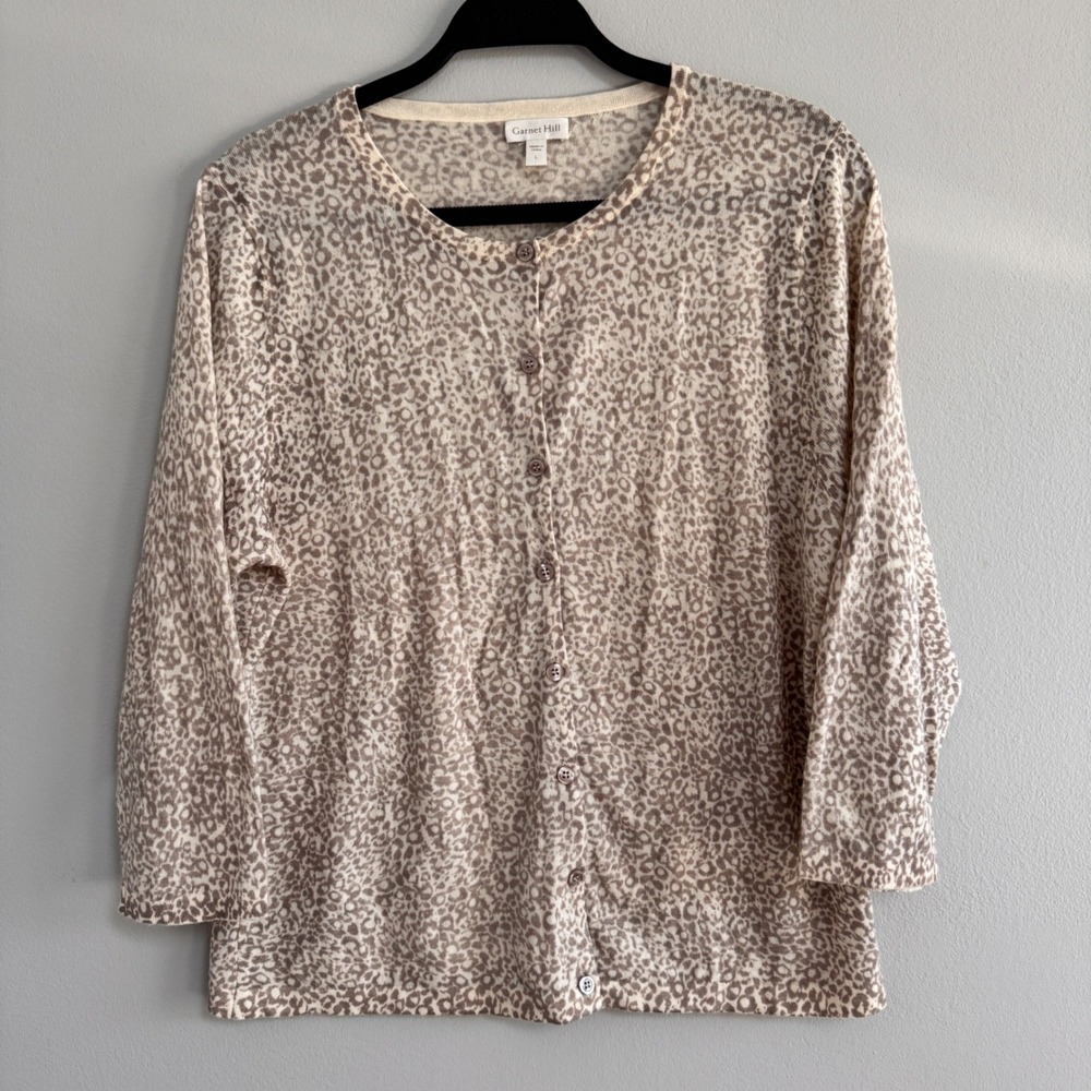 Garnet Hill Merino Wool Cardigan Leopard‎ Print Button Front Sweater Large